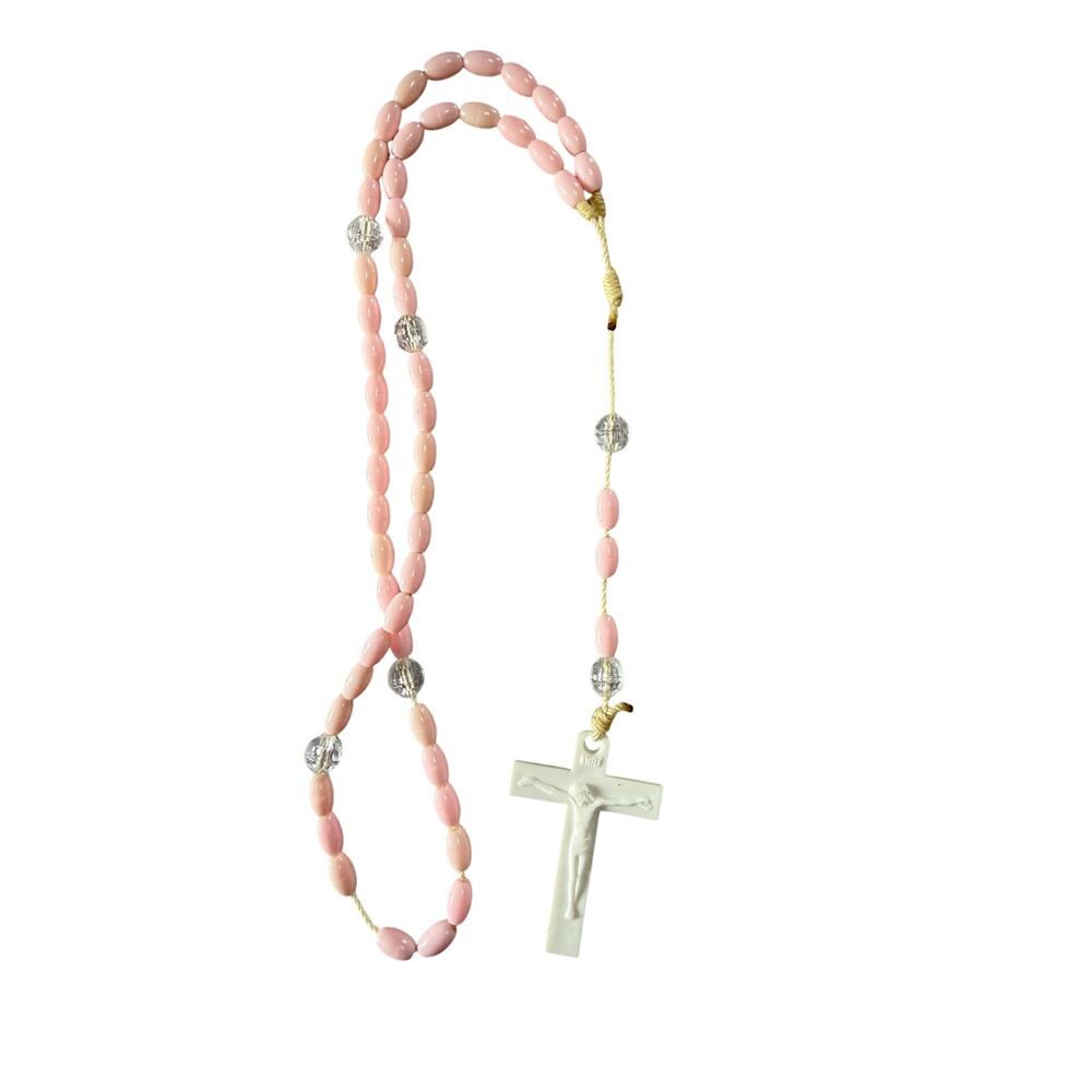 Necklace: Crucifix pink plastic beads & clear beads 2" Jesus on Cross